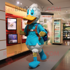 Turquoise Geese mascot costume character dressed with a Running Shorts and Handbags