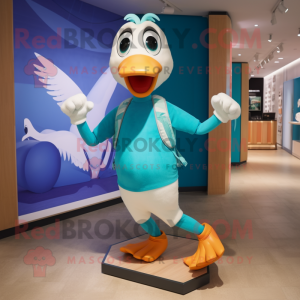 Turquoise Geese mascot costume character dressed with a Running Shorts and Handbags