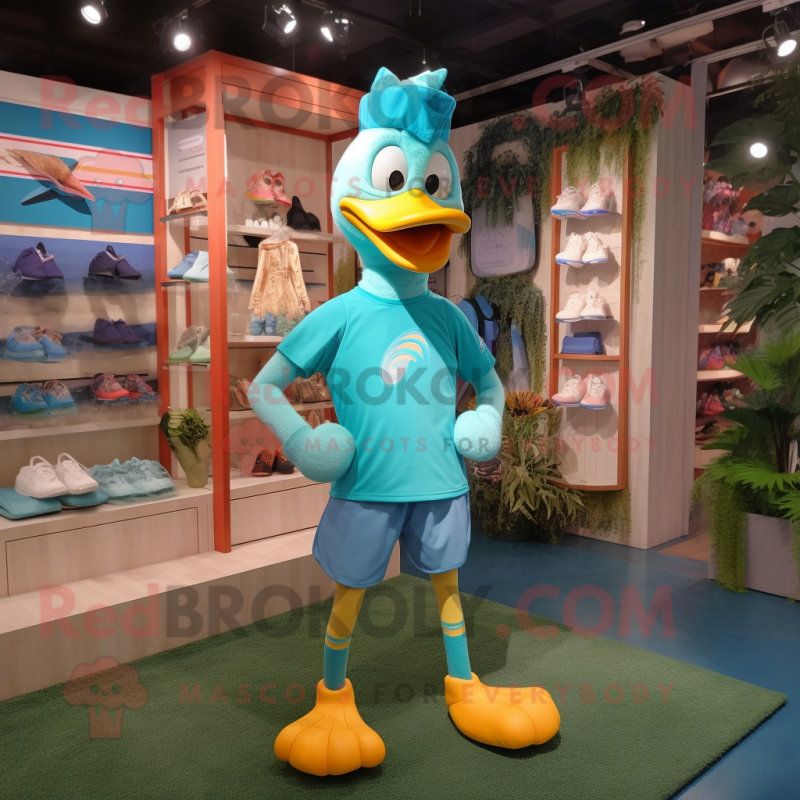 Turquoise Geese mascot costume character dressed with a Running Shorts and Handbags Turquoise Geese mascot costume character dressed with a Running Shorts and Handbags