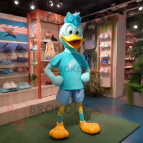 Turquoise Geese mascot costume character dressed with a Running Shorts and Handbags