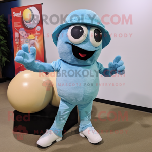 Turquoise Human Cannon Ball mascot costume character dressed with a Chambray Shirt and Caps