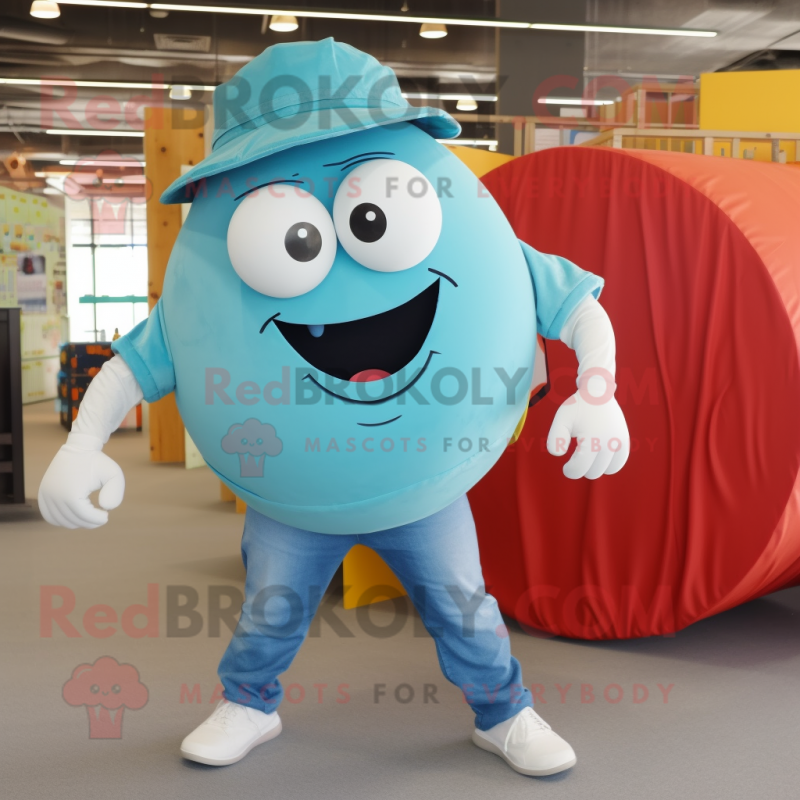 Turquoise Human Cannon Ball mascot costume character dressed with a Chambray Shirt and Caps