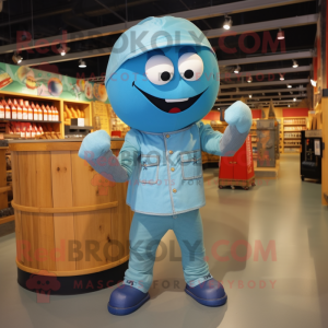 Turquoise Human Cannon Ball mascot costume character dressed with a Chambray Shirt and Caps