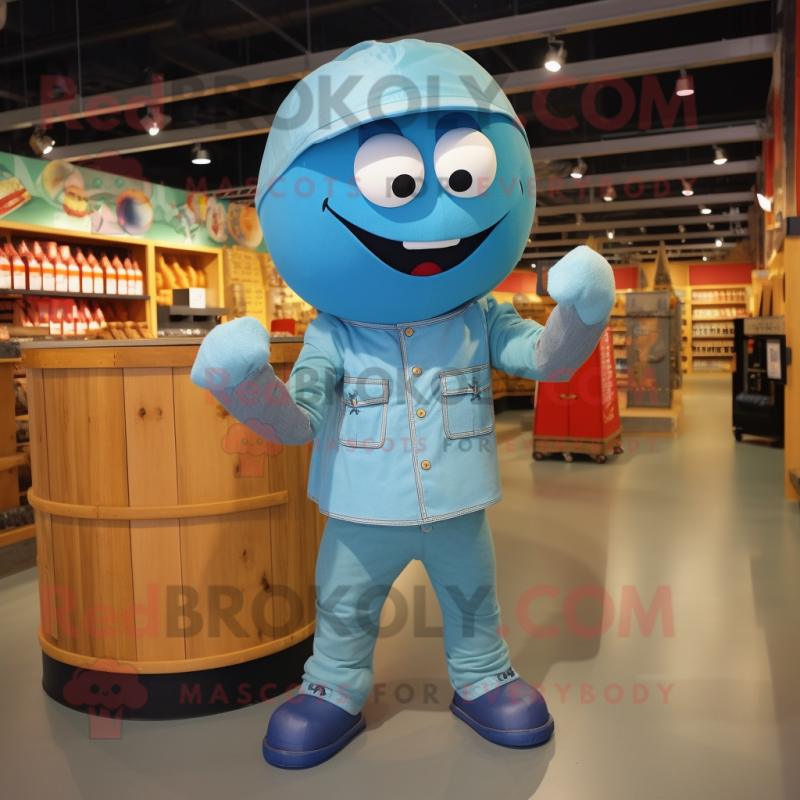 Turquoise Human Cannon Ball mascot costume character dressed with a Chambray Shirt and Caps Turquoise Human Cannon Ball mascot costume character dressed with a Chambray Shirt and Caps