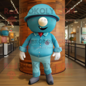 Turquoise Human Cannon Ball mascot costume character dressed with a Chambray Shirt and Caps