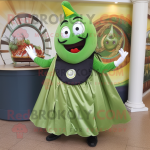 Olive Shakshuka mascot costume character dressed with a Circle Skirt and Cufflinks