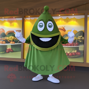 Olive Shakshuka mascot costume character dressed with a Circle Skirt and Cufflinks