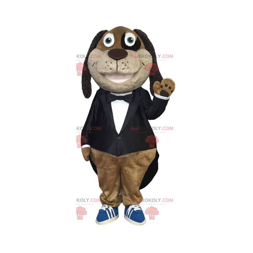 Mascote dachshund alegre em traje preto elegante -