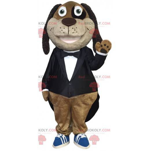 Fröhliches Dackelmaskottchen im eleganten schwarzen Kostüm -