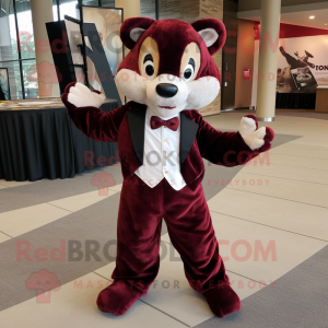 Maroon Skunk mascot costume character dressed with a Corduroy Pants and Bow ties