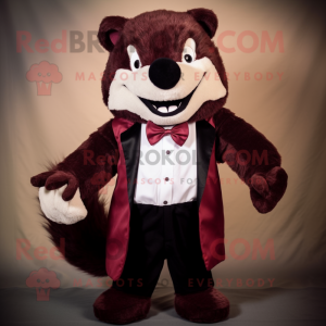 Maroon Skunk mascot costume character dressed with a Corduroy Pants and Bow ties