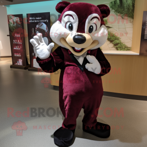 Maroon Skunk mascot costume character dressed with a Corduroy Pants and Bow ties