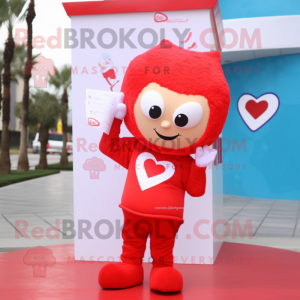 Red Love Letter mascot costume character dressed with a Long Sleeve Tee and Hair clips