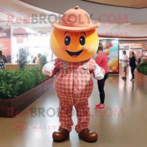 Peach Cherry mascot costume character dressed with a Flannel Shirt and Hats