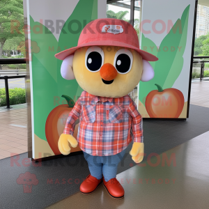 Peach Cherry mascot costume character dressed with a Flannel Shirt and Hats