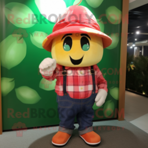 Peach Cherry mascot costume character dressed with a Flannel Shirt and Hats