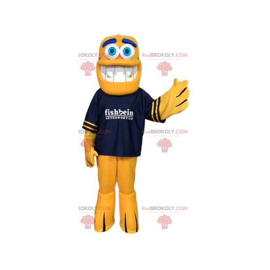 Peixe mascote amarelo com sua camiseta azul marinho -