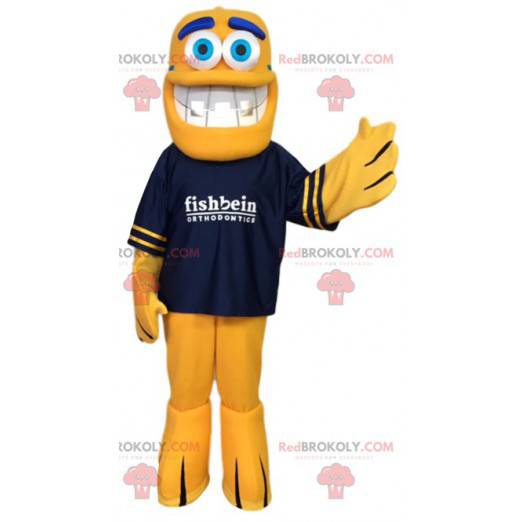 Peixe mascote amarelo com sua camiseta azul marinho -