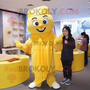 Yellow Fried Rice mascot costume character dressed with a Oxford Shirt and Shawls