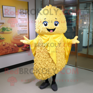 Yellow Fried Rice mascot costume character dressed with a Oxford Shirt and Shawls