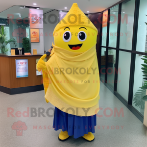 Yellow Fried Rice mascot costume character dressed with a Oxford Shirt and Shawls