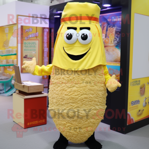 Yellow Fried Rice mascot costume character dressed with a Oxford Shirt and Shawls