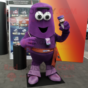 Purple Soda Can mascot costume character dressed with a Corduroy Pants and Scarf clips