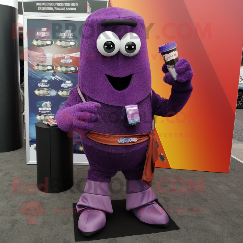 Purple Soda Can mascot costume character dressed with a Corduroy Pants and Scarf clips