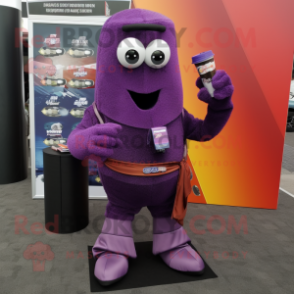 Purple Soda Can mascot costume character dressed with a Corduroy Pants and Scarf clips