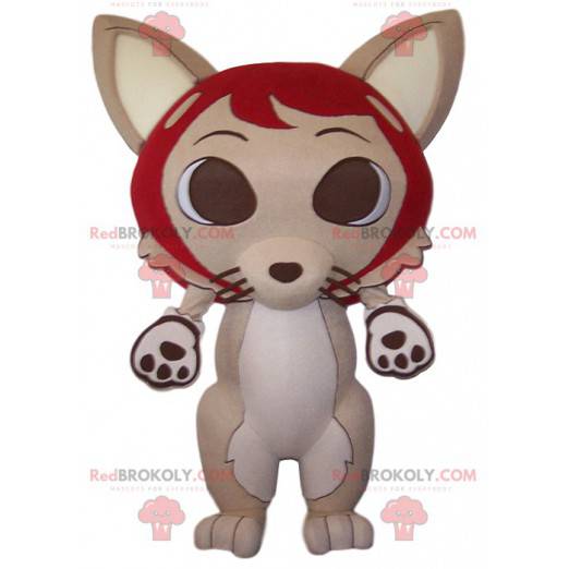 Raposa mascote bege e seu grande chapéu vermelho -