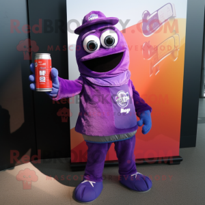 Purple Soda Can mascot costume character dressed with a Corduroy Pants and Scarf clips