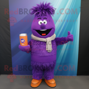 Purple Soda Can mascot costume character dressed with a Corduroy Pants and Scarf clips