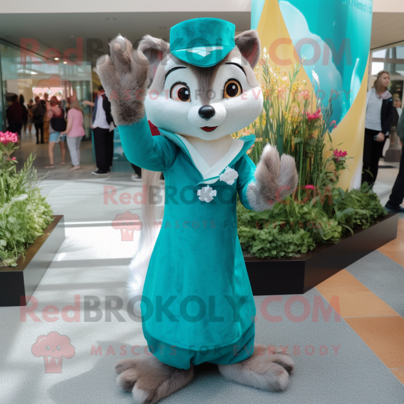 Teal Ferret mascot costume character dressed with a A-Line Dress and Gloves Teal Ferret mascot costume character dressed with a A-Line Dress and Gloves