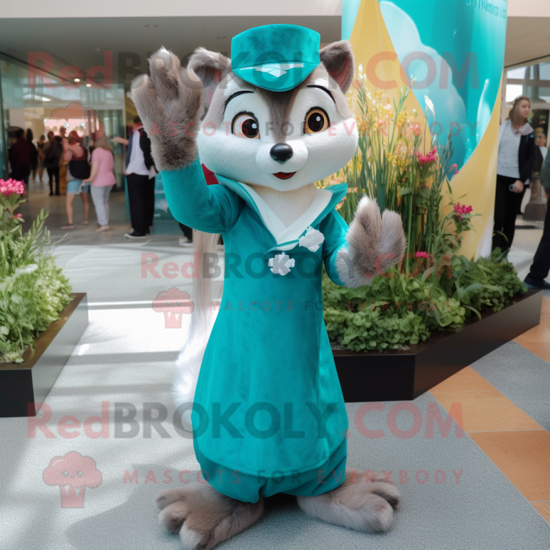 Teal Ferret mascot costume character dressed with a A-Line Dress and Gloves