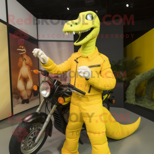 Yellow Brachiosaurus mascot costume character dressed with a Moto Jacket and Cummerbunds