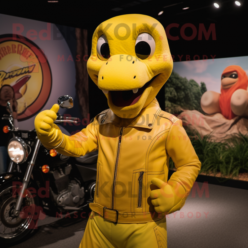 Yellow Brachiosaurus mascot costume character dressed with a Moto Jacket and Cummerbunds