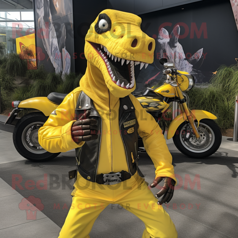 Yellow Brachiosaurus mascot costume character dressed with a Moto Jacket and Cummerbunds Yellow Brachiosaurus mascot costume character dressed with a Moto Jacket and Cummerbunds