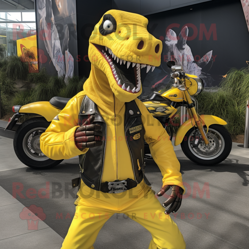 Yellow Brachiosaurus mascot costume character dressed with a Moto Jacket and Cummerbunds