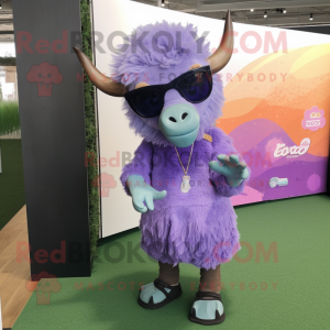 Lavender Buffalo mascot costume character dressed with a Mini Dress and Sunglasses