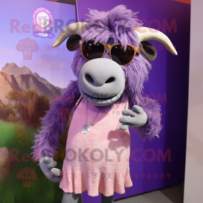 Lavender Buffalo mascot costume character dressed with a Mini Dress and Sunglasses