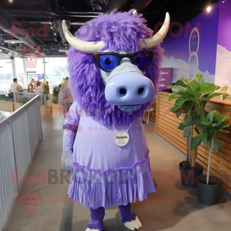 Lavender Buffalo mascot costume character dressed with a Mini Dress and Sunglasses