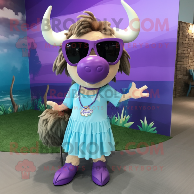 Lavender Buffalo mascot costume character dressed with a Mini Dress and Sunglasses