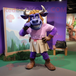 Lavender Minotaur mascot costume character dressed with a Bermuda Shorts and Messenger bags