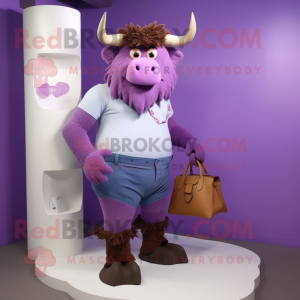 Lavender Minotaur mascot costume character dressed with a Bermuda Shorts and Messenger bags