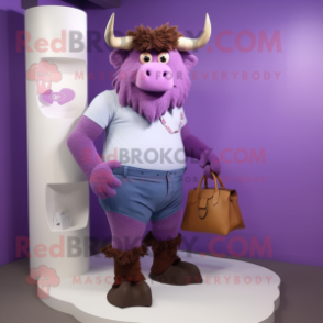 Lavender Minotaur mascot costume character dressed with a Bermuda Shorts and Messenger bags