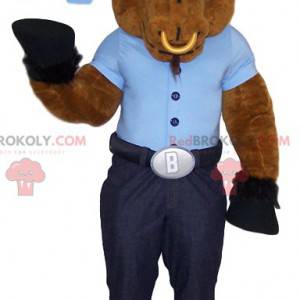 Mascote de boi marrom com sua camiseta azul e seu anel -