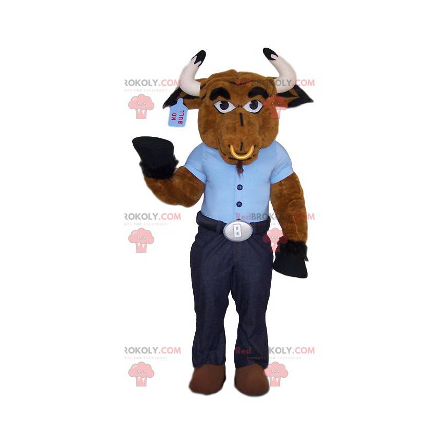 Hnědý hovězí maskot s modrým tričkem a prstenem - Redbrokoly.com Hnědý hovězí maskot s modrým tričkem a prstenem - Redbrokoly.com
