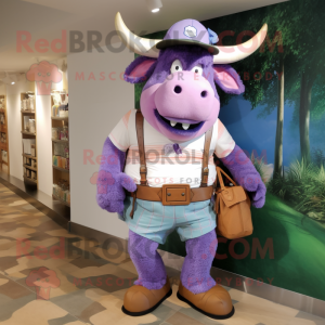 Lavender Minotaur mascot costume character dressed with a Bermuda Shorts and Messenger bags