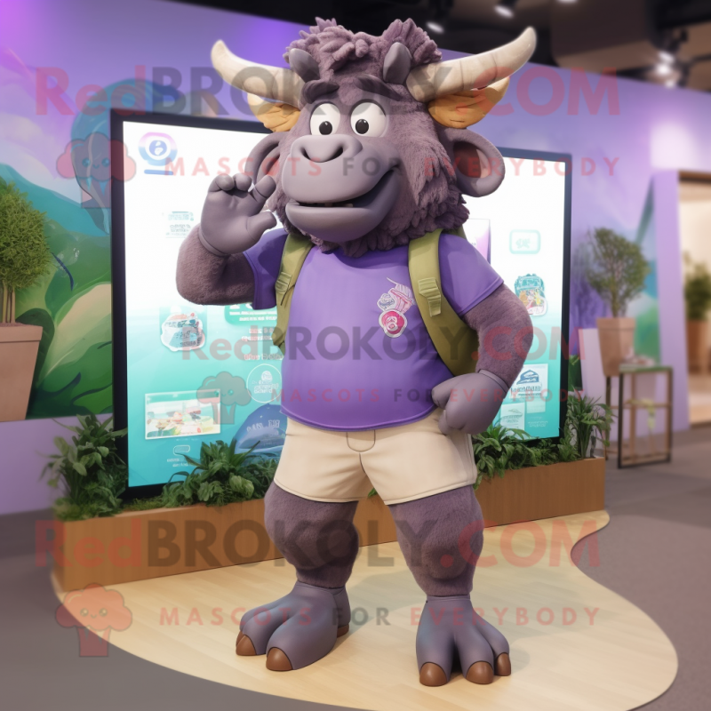 Lavender Minotaur mascot costume character dressed with a Bermuda Shorts and Messenger bags