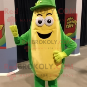 Gold Green Bean mascot costume character dressed with a Button-Up Shirt and Wraps